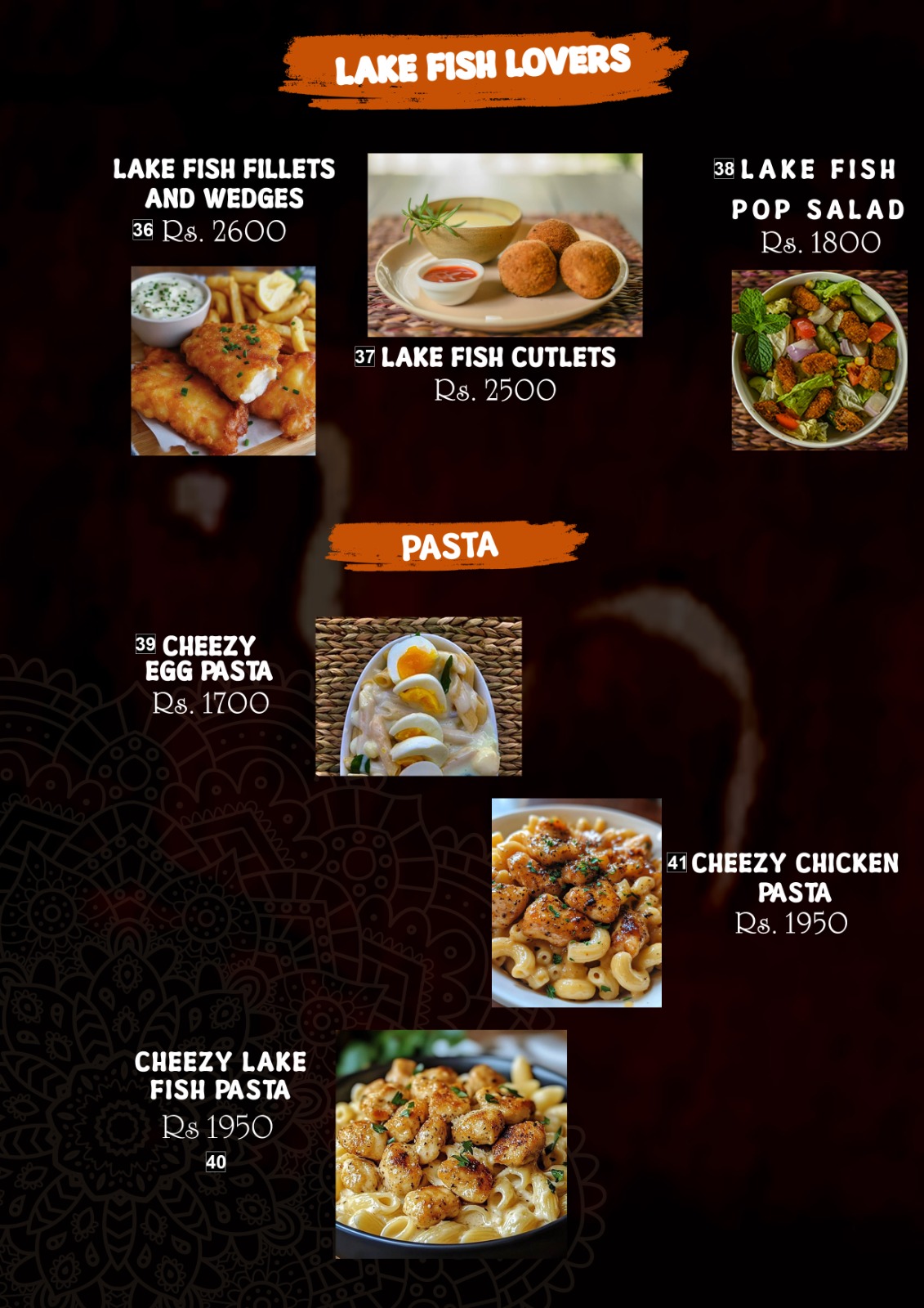 Hambu Café menu board — Lake Fish Lovers and Pasta page listing Lake Fish Fillets and Wedges, Lake Fish Cutlets, Lake Fish Pop Salad, and Cheesy Egg, Lake Fish and Chicken pasta with prices